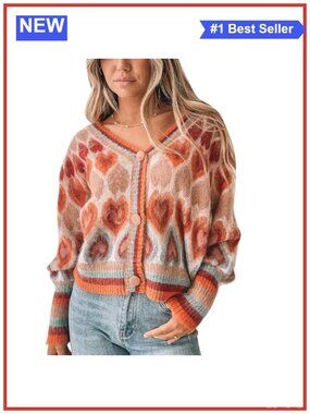 Heart Print Knit Cardigan Open Front V Neck Cropped Sweater